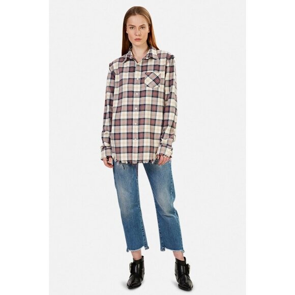 R13 seam shredded Plaid Button Down Shirt in purple and ecru - Picture 1 of 11
